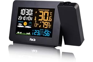 FanJu FJ3391 Wetterstation funk mit Außensensor/Projektionswecker/Innen-/Außentemperatur und Luftfeuchtigkeit/Mondphase/Funkwecker