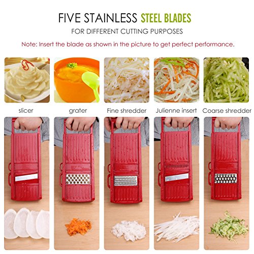Nuovoware Multischneider für Gemüse Obst, Verstellbarer 5 in 1 Profi-Mandoline Reibe Gemüseschneider mit 5 Edelstahl Klingen, Nahrungsmittelsicherheits-Halter und eine Push-Sicherheit, Rot - 2
