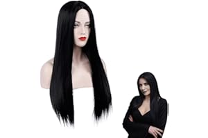 YEAPEAK Parrucca Nera Lunga, Parrucca Halloween Donna, Parrucca Nera Naturale Dritto Per Donna, Parrucche Capelli Veri, Parrucca Nera Per Halloween, Carnevale Party, Costume Cosplay Parrucca, 70cm