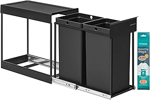 SONGMICS Mülleimer küche, Mülltrennsystem für Unterschrank, 2 x 15 L, Abfalleimer 2 Fächer, ausziehbar, Stahlrahmen, ABS-Deckel, tintenschwarz LTB950B01