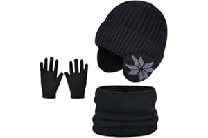 Enwokran D'hiver Enfant Bonnet avec Cache-Oreille Écharpe Gants 3 en1, Doublure Intérieure en Polaire Bonnet en Tricot Chaud Élastique Cache-Cou Gants à écran Tactile pour Fille Garçon 4-10