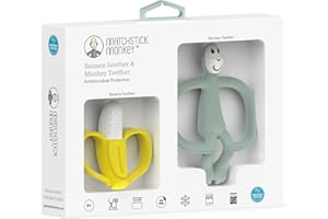 Matchstick Monkey, Antimicrobial Teething Gift Set - 1 Banana Shaped Soother and 1 Animal Teether, 3 Months Old+, Banana & Monkey