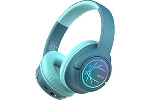 iClever Bezprzewodowe słuchawki dziecięce z diodami LED, bezpieczeństwo głośności 74/85/94 dBA, 43 godziny odtwarzania, dźwięk stereo, typ C, kabel AUX, Bluetooth 5.3 Bluetooth słuchawki dla dzieci