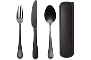GTGR Heywood Portable Travel Utensils Set with Case 18/8 Stainless Steel Black Silverware Sets Include Knife Fork and Spoon with Case Reusable Utensil Set for Lunch Box and Camping (Black)
