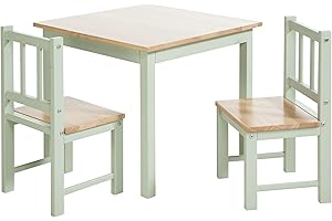 Bomi Kindersitzgruppe Holz Amy | Kindertisch mit 2 Stühlen | Tisch & Stühle Kinderzimmer Set | Spieltisch in Natur und Grün | Kindertisch für drinnen | Maltisch & Basteltisch Kinder