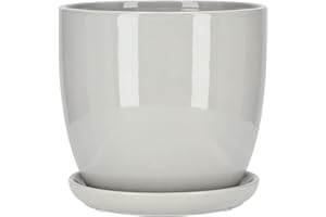 KOTARBAU® Macetero con Plato de Ceramica esmaltada, 15 cm, Maceta para Interiores y Exteriores, Tiesto Decorativo para Plantas, Gris, con Plato y Orificio de Drenaje