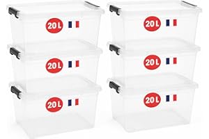 LPVS Boite Rangement Plastique avec Couvercle - 20L - Lot de 6 - Caisse Transparent - Clips de Fermeture -Poignée - Empilable - Plastique Renforcé - Idéale pour la Chambre, Garage - Fabricant Français