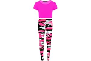 Hamishkane Kids Girls Plain Neon Crop Top Army Printed Leggings Summer 2 Piece Dance Set