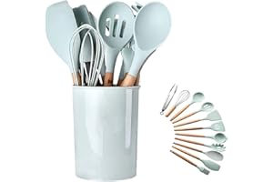 HUBEI Utensili da cucina in silicone Set di utensili da cucina - 446 ° F Manici in legno resistenti al calore Utensili da cucina grigi Set di strumenti per pentole antiaderenti (Mint Green-12pcs)