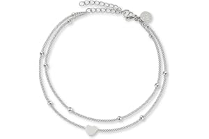 GD GOOD.DESIGNS Tobillera para mujer I Cadena de tobillo impermeable con bolas de acero inoxidable I Cadena de tobillo de dos hileras con colgante de corazón I Cadena de tobillo ajustable para mujer
