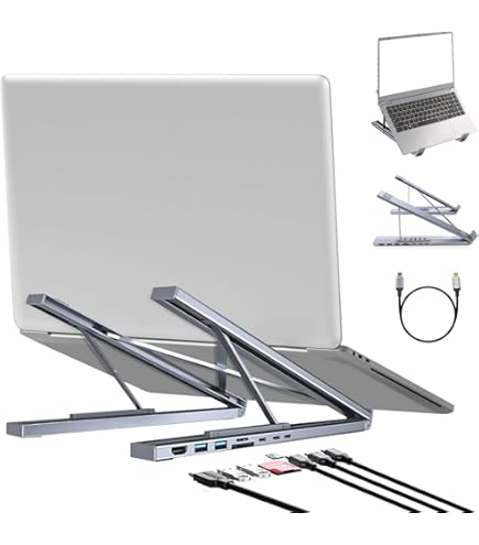 H.May Laptop-Ständer für den Schreibtisch mit Docking-Station, 4 in 1 RGB- Laptop-Ständer, Faltbarer tragbarer Laptop-Halter für 12-18 Zoll Laptops, Tablet(Schwarz