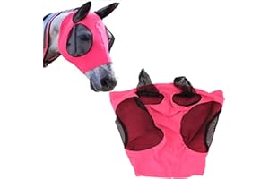 BAOFUYA Maschera per Cavallo Traspirante Maschera per Mosche in Rete Elastica per Cavalli con Protezione per Le Orecchie Equipaggiamento Equestre (Rosa Rossa)