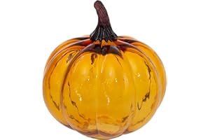 Boston International Hand Blown Glass Pumpkin Tabletop Mantel Shelf Fall Autumn Thanksgiving Halloween Decorations for Home, Large, Amber Orange