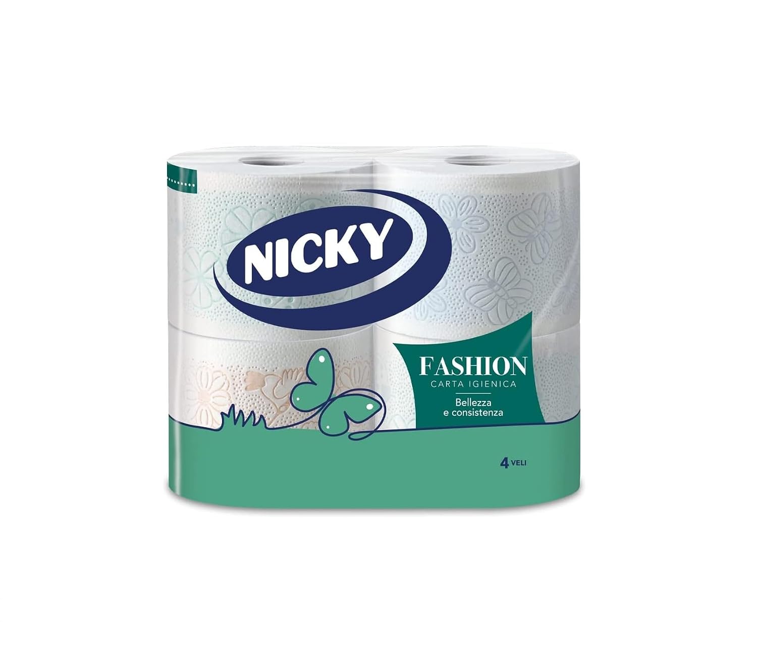 Nicky Fashion - 4 Rotoli di Carta Igienica a 4 Veli | 165 Soffici Foglii, 3 Diverse Texture e Colori, Delicato Profumo di Talco, Carta 100% Certificata FSC