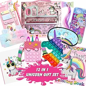 INDIKONB 12 in 1 Unicorn Gifts for Girls | Unicorn Theme Birthday gift for kids Age 6-8 years , 10-12 year old | Unicorn Diary , Unicorn Stationery Set , Sticky Notes , Eye Mask , unicorn Coloring Book , Wax Color , Unicorn Poppet , Uncorn Popet Sling Bag , Unicorn Water Game , Hair Accessories , Feather Pouch ,Pencil , Pen , Gift item for Birthday and Return Gifts
