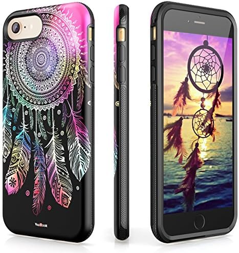 iPhone 6 7 8 Case Female Shockproof Printed Cover with Ring Kickstand Cute Durable Slim Dual Layer VeaYook Hybrid Rubber Anti-Scratch Impact Resistant Protective (Black Glitter Dream Catcher Pattern) (Dream Catcher)