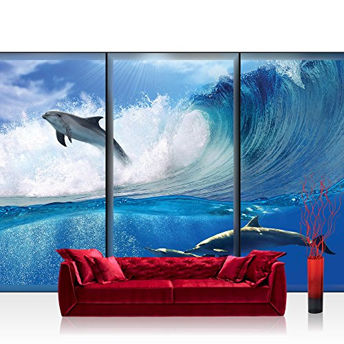 Vlies Fototapete 152.5x104cm PREMIUM PLUS Wand Foto Tapete Wand Bild Vliestapete - Tiere Tapete Delfine Tiere Wasser Meer Welle Sonne Wolken blau - no. 2064