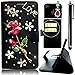 Produktbild Sunroyal 3in1 Zubehör Set: 1 x 3D Luxus PU Rhinestone Ledertasche mit Strass Steinen Schutzhülle für Samsung Galaxy S5 S5 Neo i9600 GT-I9600 Samsung Galaxy S5 (SM-G900F) - S5 Neo (SM-G903F) Tasche Etui Cover Muster Flip Case Schale im Bookstyle+ 1 x Stylus hellblau + 1 x 3.5mm Handystecker Strass Staubschutz, Romantiker Love Series Schön 3D Rot Rose Blume Grün Blatt Schwarz Bottom Malerei