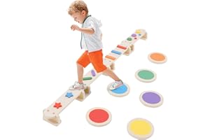 YULEYU Wooden Balance Beam with 6 Stepping Stones, Kids Montessori Sensory Toy Obstacle Course for Toddler Outdoor Indoor Play, Wooden Balance Board Build Coordination