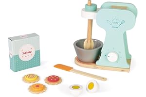 Janod - Set du Petit Pâtissier - Robot Batteur en Bois avec Bouton et Fouet Rotatif + 6 Accessoires - 1 Spatule, 3 Cookies, 1 Oeuf et 1 Boîte de Farine - Jouet d'Imitation - De 3 à 8 Ans, J06605