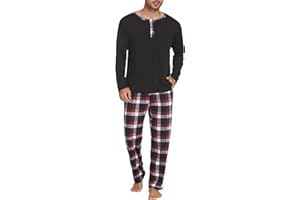 Ekouaer Herren Schlafanzug Lang Pyjama Zweiteiliger Rundhals Männer Langarm Oberteil und Karierte Schlafanzughose mit Tasche Sleepwear Schlafanzüge mit Knopfleiste M-XXXL