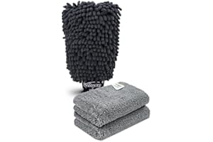 SOFTSPUN Microfiber Single Side 1 Piece Chenille Glove,1700 GSM Grey+20X30cm Cleaning Wipe 2Pcs | Multi-Purpose Super Absorbent and Perfect Wash Cleaning for Bike Auto,Cars Both Interior and Exterior