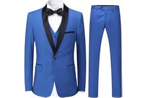 SLIKTAA Traje de 3 piezas para hombre, ajuste delgado, para boda, negocios, cenas, chaqueta con botones, chal, solapa, chaleco, pantalones
