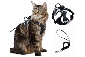 SKMEDITEC Cat Harness and Leash Set With AirTag Holder, Upgraded Escape Proof Adjustable Kitten Vest with Lead for Large Cat Small Dog Puppy Walking, Soft Breathable Mesh Jacket with Reflective Strips L, Black