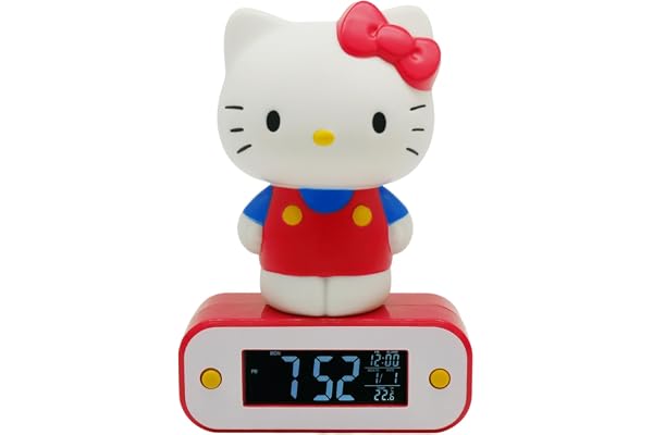 Teknofun - Licence Hello Kitty - Réveil Lumineux Hello Kitty 17 cm - 2 Modes d'éclairages - Fonctionne avec 3 Piles AAA/Câble USB (Inclus) - 811123