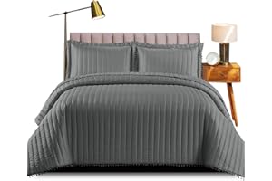 Shop Direct 24 Quilted Bedspread Single Bed Throws for Bedroom Decor -Quilted Embossed Pattern Reversible Quilt Bedspreads Coverlets with Matching Pillow Cases 185x240 cm Grey