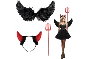 3 Pièces Ailes d'ange Noires, Costume Ailes d'ange Sombres, Diable Costume Anger, Ailes d'ange en Plumes avec Baguette Magique, pour Fête d'halloween, Cosplay et Déguisement