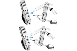 HONZIN Outdoor Camping Utensil Zastawa stołowa, wielofunkcyjne składane sztućce 5 in1, przenośny zestaw sztućców ze stali nierdzewnej do podróży, z etui ze sznurkiem (2 opakowania)
