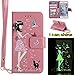 Produktbild iPhone 6 6S (4,7 Zoll) Luminous Leder Wallet Tasche Brieftasche Schutzhülle,Fanryn Schönes Mädchen und Katzen Muster Nacht Leuchtende Design Hochwertige PU Leder Flip Tasche Case Hülle im Bookstyle mit Standfunktion Kredit Kartenfächer für iPhone 6 6S (4,7 Zoll) (Rosa)