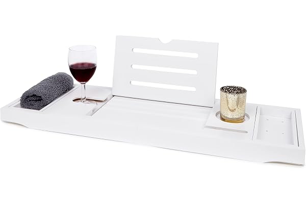 Djup lugn badhylla – utdragbar badbricka rymmer bok, iPad, , telefon, vinglas, ljus – justerbart badkarsbord – lyx, naturlig bambu badhylla