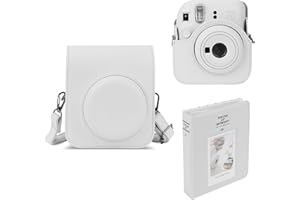 Mumlicha Étui pour appareil photo en cuir synthétique et album photo de 64 poches compatible avec appareil photo instantané Fujifilm Instax Mini 12, mini 12 avec bandoulière réglable (blanc)