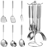 Kezidhp Kitchen Utensils Stainless Steel 7 Pieces, Kitchen Accessory Set with Stand (Bowl, Skimmer, Spatula, Spatula, Rice Sp