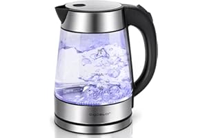 Aigostar Glass Kettle with LED Lighting, 2200W, 1.7L, Boil-Dry Protection, BPA Free, Black and Silver, Quiet Boiling - Chubby 30LDA.