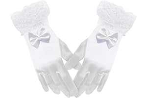 MIVAIUN Guanti Corti per Ragazze in Fiore;Guanti da Principessa per Bambina Fiocco, Blanc Guanti di Raso,Guanti in Pizzo Guanti per Matrimonio Festa di Compleanno Performance Sul Palcoscenico