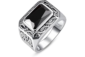 Bonlavie Emerald Cut Men's Rings 6.85ct Onyx/Sapphire/Ruby Signet Ring Vintage Celtic Black|Blue|Red Gemstone Ring Stainless Steel Wedding Engagement Rings for Men Size P 1/2 to X 1/2