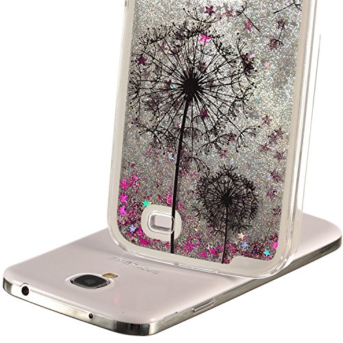 Für Samsung Galaxy S4 Hülle,Für Samsung Galaxy S4 Flüssigkeit Handyhülle,Funyye Luxus Luxuriös [Bunten Muster] Liebe Herzen Star Fließt Treibsand Durchsichtige Handytasche Glänzend Glitzer Diamond Diamant Fließen Flüssig Flüssigkeit Handyhülle Handy Hülle Case Tasche Crystal Case Durchsichtig Schutzhülle Etui Bumper Für Samsung Galaxy S4 + 1 x Frei Displayschutzfolie – Silber Glitter,Schwarzer Löwenzahn - 5
