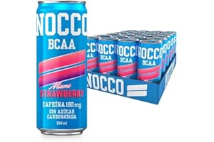 NOCCO BCAA - Bebida Energética con 180mg Cafeína, 3000 mg BCAA, Sin Azúcar, Sin Carbohidratos, Enriquecida con Vitaminas - 24 x 330ml inkl. Pfand (Miami)
