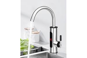 YERFKAN Instant Hot Water Tap, 220V 3000W Instant Water Heater Tap with Digital Display, 360° Rotatable Stainless Steel Electric Water Heater Faucet for Home Kitchen Bathroom Facilities