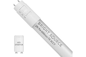 Bright Source LED T8 Tube, 3CCT Colour Switchable 3000K 4000K 6000K, 2ft (590mm), 9W, 1170lm, 18w T8 Fluorescent Equiv., Starter Included, use with Direct Mains or Fitting with Magnetic Ballast