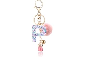 QUKE Alphabet Initial Letter Keychain for Women Girls Resin Keyring for Purse School Bag With Fur Ball Pom