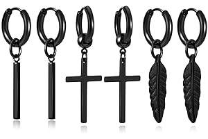 Jovivi 3 Paia Orecchini Pendenti a Croce Piuma Barra Verticale per Uomo, 16ga Orecchini a Cerchio Acciaio Chirurgico con Ciondolo, Unisex Huggie Hoop Earrings Pendente per Donna Uomo Argento Nero