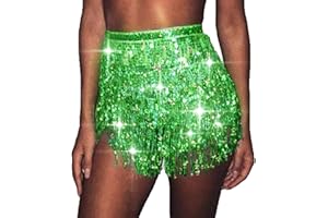 Ushiny Festival Outfit Sequin Tassel Skirt Costume Rave Mini Skirts Ballet Dance Fringe Hip Scarf Glitter Sequin Skirt for Women and Girls