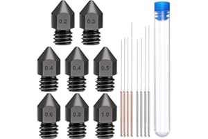 AFUNTA MK8 - 8 boquillas de impresora 3D, boquilla de acero endurecido (0.2/0.3/0.4/0.5/0.6/0.8/1.0 mm) con 8 agujas de limpieza, compatible con Makerbot, Creality CR-10 All Metal Hotend, Ender 3 5
