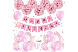 Pink Birthday Balloons Party Decorations Girls, SIMSPEAR Happy Birthday Banner Garland Party Supplies with Tissue Paper Pompoms, Pink Confetti Balloons for Girl Girlfriend Daughter Women Enfant