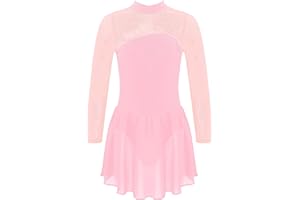 Agoky Kids Girls Sparkle Mesh Splice Figure Ice Skating Dress Gymnastic Dance Leotard Performance Dancewear