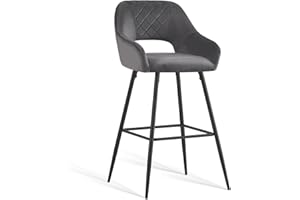 JaHECOME Bar Stools Set of 1 Grey Velvet Padded with Footrest Armrest Kitchen High Stools Supported Black Metal Legs for Breakfast Bar, Counter, Kitchen and Home